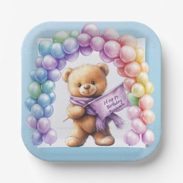 Assiettes En Carton Ours en peluche 1er anniversaire Ballons colorés