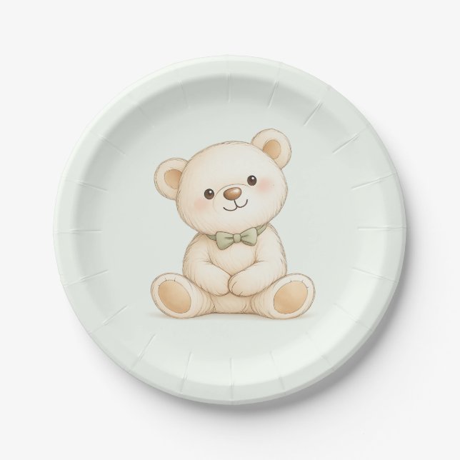 Assiettes En Carton Ours en peluche aquarelle vert sauge (Devant)