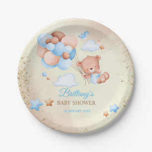 Assiettes En Carton Ours en peluche avec ballons et nuages brun et ble