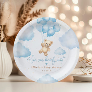 Assiettes En Carton Ours en peluche bleu avec baby shower de ballons