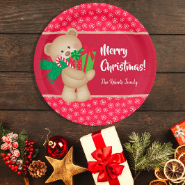 Assiettes En Carton Ours en peluche de Noël avec cadeau et flocons de 