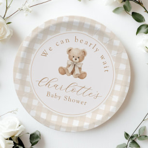 Assiettes En Carton Ours en peluche Gingham Neutre Baby shower
