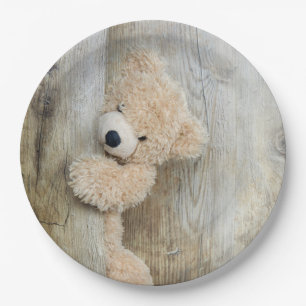 Assiettes En Carton Ours en peluche mignon Fond en bois rustique