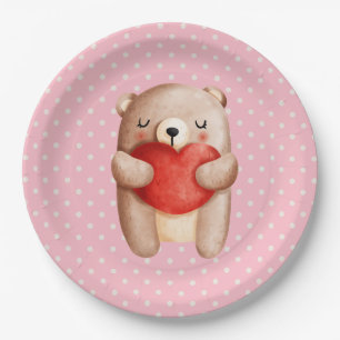 Assiettes En Carton Ours en peluche mignon portant un coeur rouge