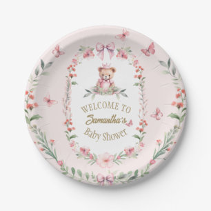 Assiettes En Carton Ours en peluche rose, papillons et fleurs