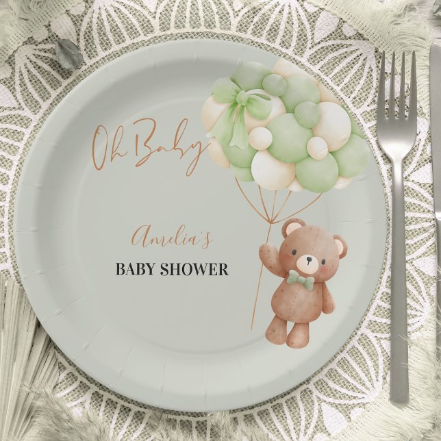 Assiettes En Carton Ours en peluche vert neutre Oh bébé ballon bébé (Créateur téléchargé)