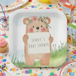 Assiettes En Carton Ours Floral Bébé Fille Douche Plaque en papier