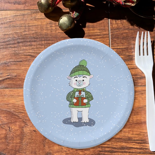 Assiettes En Carton Ours polaire avec cadeau Plaque de papier de vacan (Cute polar bear blue paper plate for a friendly kid winter party .)