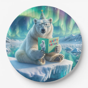Assiettes En Carton Ours polaire d'anniversaire sur un iceberg