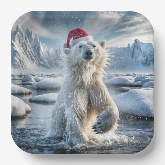 Assiettes En Carton Ours Polaire De Noël Dans L'Eau Arctique (Recto)
