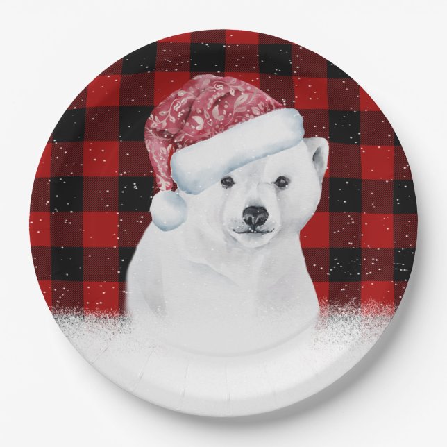 Assiettes En Carton Ours Polaire De Noël Sur Buffalo Plaid (Devant)