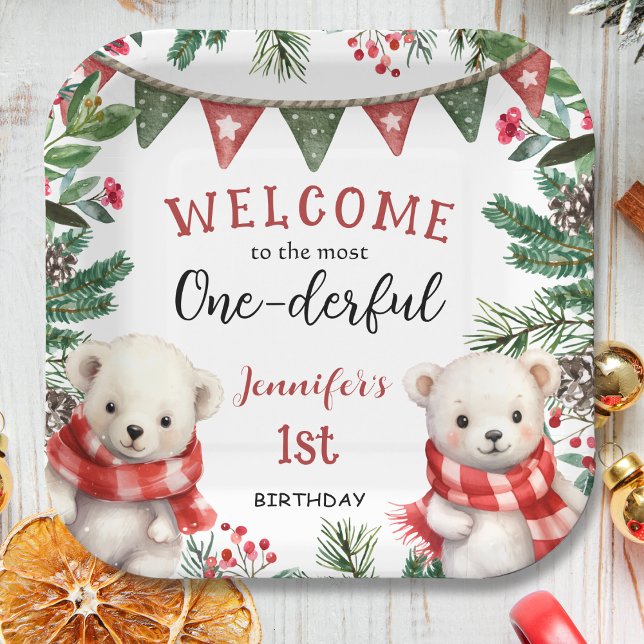 Assiettes En Carton Ours polaire mignon Noël 1er anniversaire (Créateur téléchargé)