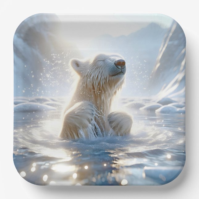 Assiettes En Carton Ours Polaire S'Éclaboussant Dans L'Eau Arctique (Recto)