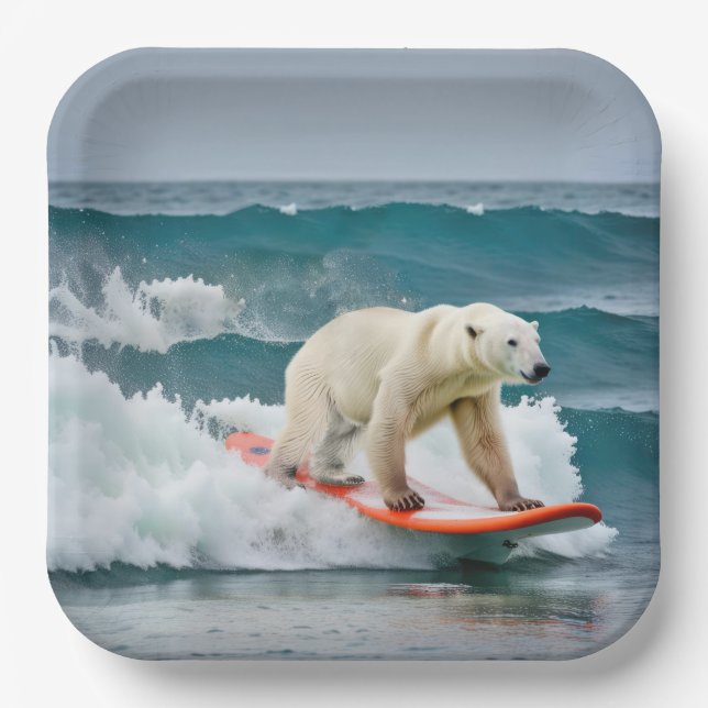 Assiettes En Carton Ours Polaire Sur Une Planche De Surf (Recto)