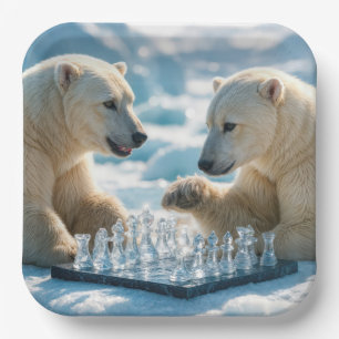 Assiettes En Carton Ours polaires jouant aux échecs sur un glacier