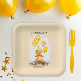 Assiettes En Carton Ours Premier anniversaire Sexe Ours jaune neutre