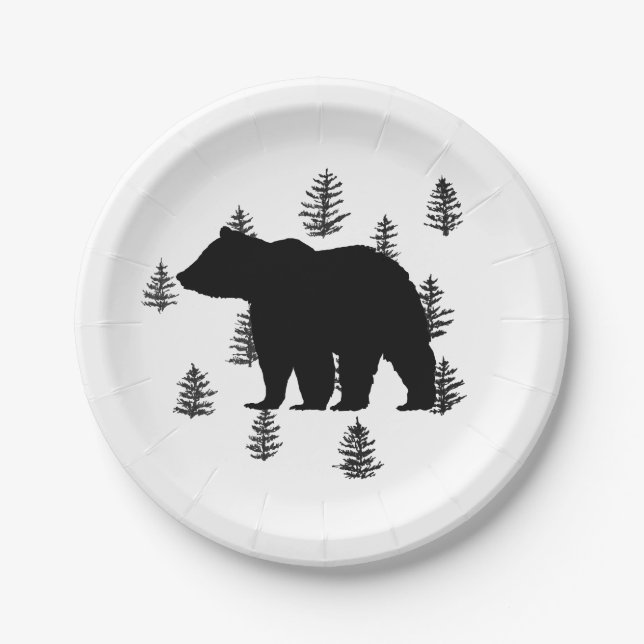 Assiettes En Carton Ours Silhouette Arbres Wilderness Mountain (Devant)