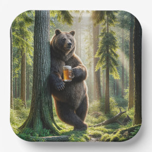 Assiettes En Carton Ours tenant une bière en forêt