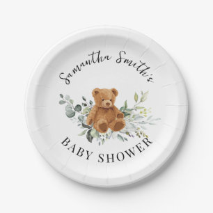 Assiettes En Carton Ours vert Baby shower Eucalyptus rond