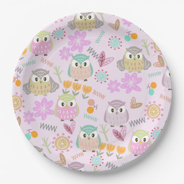 Assiettes En Carton Owl Pastel Pink   (Devant)