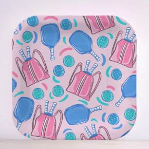 Assiettes En Carton Paddles et balles de Pickleball Rose