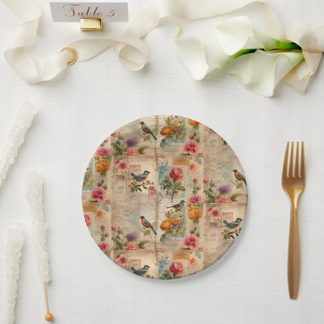 Assiettes En Carton Page de Junk Journal avec fleurs + oiseaux - (Mariage)