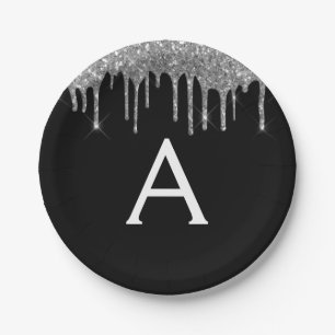 Assiettes En Carton Pailleté Monogramme Noir Argent Anniversaire
