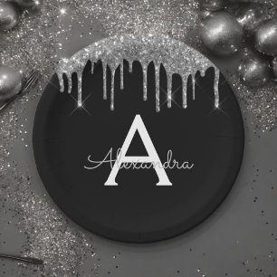 Assiettes En Carton Pailleté Monogramme Noir Argent Anniversaire