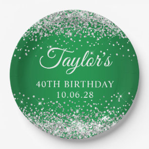 Assiettes En Carton Paillettes Argent Vert 40e Anniversaire
