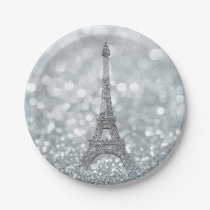 Assiettes En Carton Paillettes d'argent scintillantes tour Eiffel fête