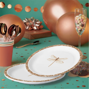 Assiettes En Carton Paillettes Faux Or Libellule Blanche Anniversaire