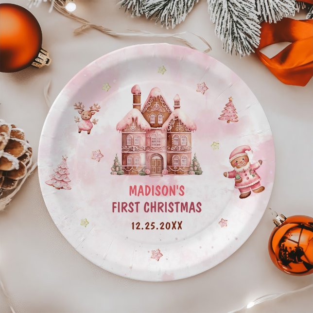 Assiettes En Carton Pain d'épices rose Maison Noël Premier anniversair (Créateur téléchargé)