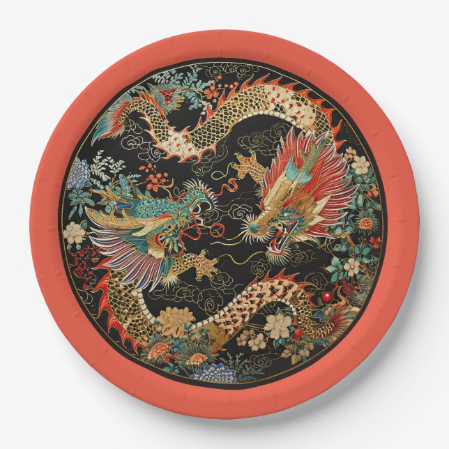 Assiettes En Carton Paire de dragons asiatiques (Devant)