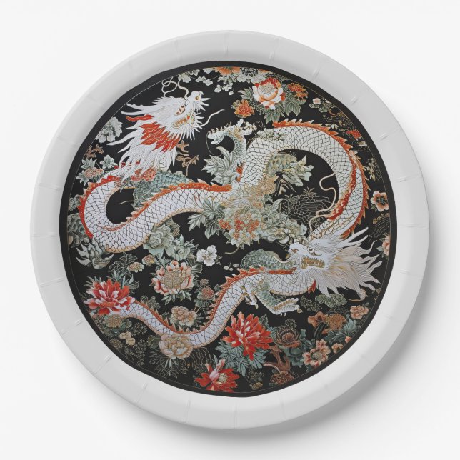 Assiettes En Carton Paire de dragons blancs asiatiques (Devant)