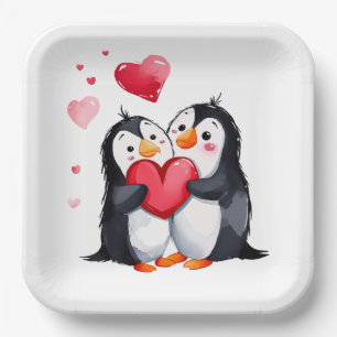 Assiettes En Carton Paire de pingouins aux Coeurs rouges