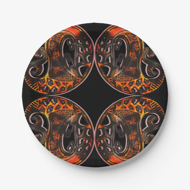 Assiettes En Carton Paisley tortue boho noir orange (Devant)
