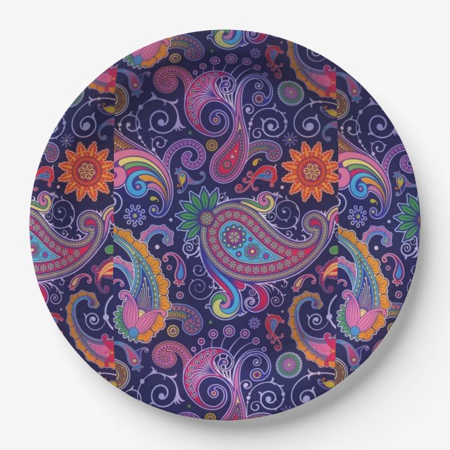 Assiettes En Carton Paisley violet rose (Devant)