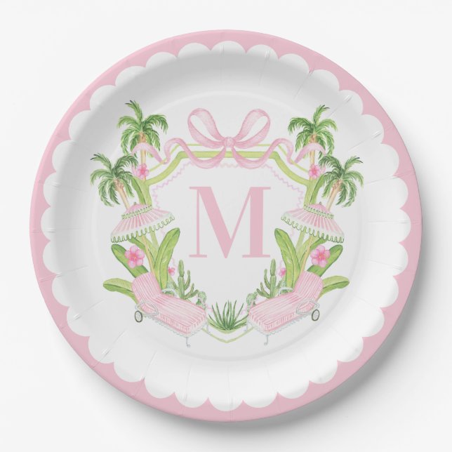 Assiettes En Carton Palm Beach Pink Loungers Monogram Crest (Devant)