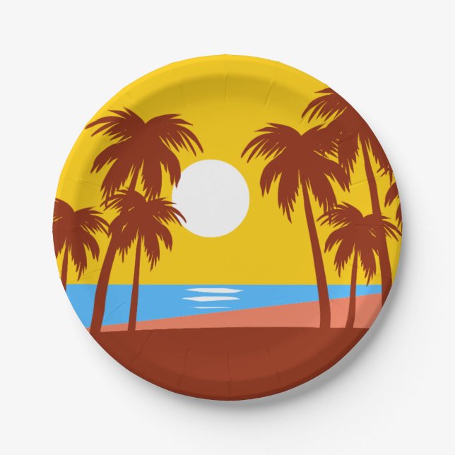 Assiettes En Carton Palm Tree Tropical Island Sunset (Devant)