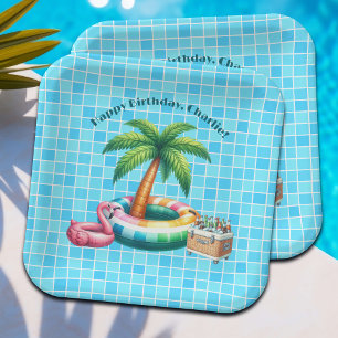 Assiettes En Carton Palm Trees Pool Flamant rose de fête Anniversaire