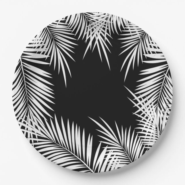 Assiettes En Carton Palmes blanches sur plaques tropicales noires (Devant)