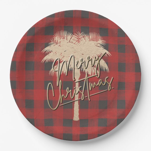 Assiettes En Carton Palmier d'or Buffle rouge Plaid Noël (Devant)