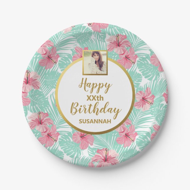 Assiettes En Carton Palmier floral rose tropical, photo d'anniversaire (Devant)