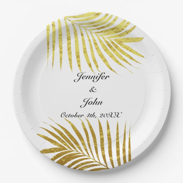 Assiettes En Carton Palmier Foliage or Feuille Mariage blanc (Devant)