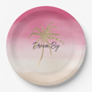 Assiettes En Carton Palmier Tropical Peach Peach Pink Gold