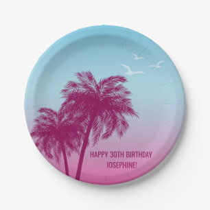 Assiettes En Carton Palmiers roses Soirée tropicale Joyeux anniversair