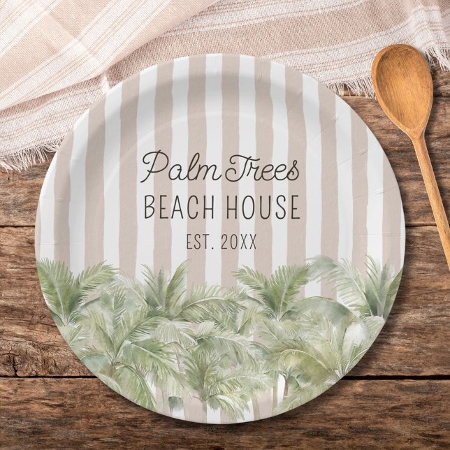 Assiettes En Carton Palmiers tropicaux Beige Stripes Maison de plage (In situ)