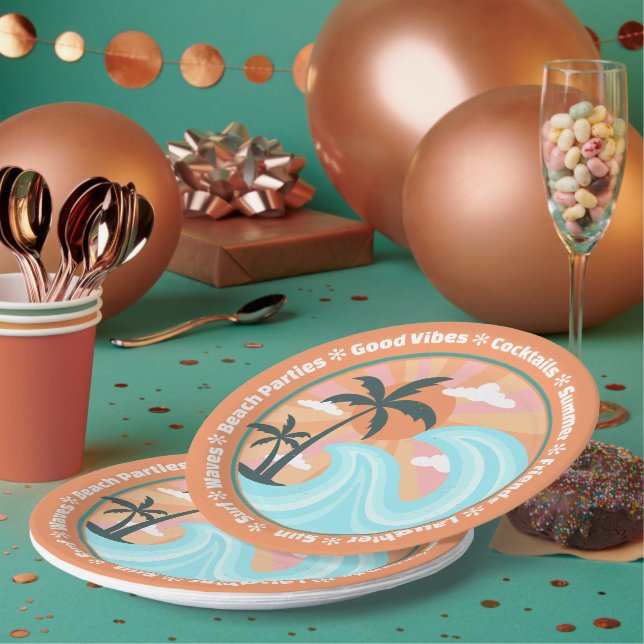Assiettes En Carton Palmiers tropicaux Hawaiian Island Good Vibes (Multi)
