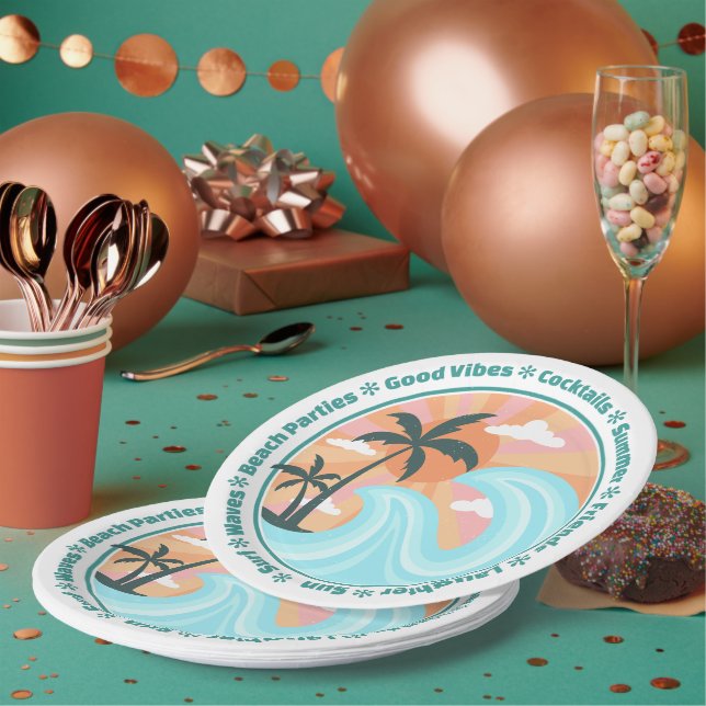 Assiettes En Carton Palmiers tropicaux Hawaiian Island Good Vibes (Multi)