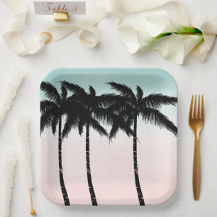 Assiettes En Carton Palmiers tropicaux Mint rose